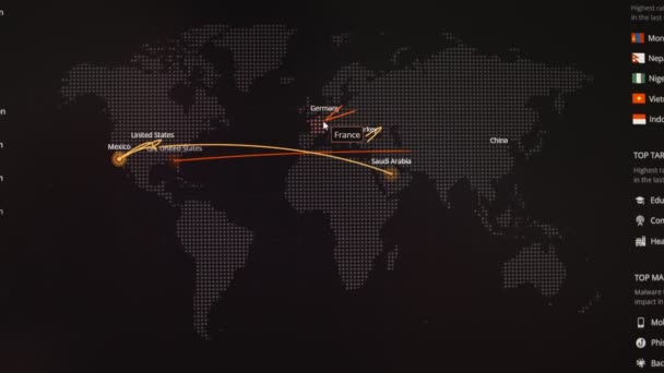 Software Monitoreo Oscuro Mockup Con Actualización Mapas Mundiales Tiempo Real — Vídeos de Stock