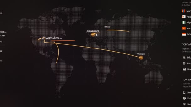 Dark Monitoring Software Mockup Aktualizací Mapy Světa Reálném Čase Grafy — Stock video