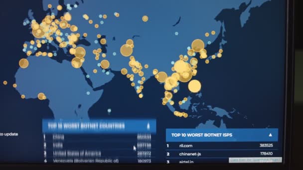 Criminal Hacker Using Computer Pointing World Map Organizing Global Massive — Stock Video