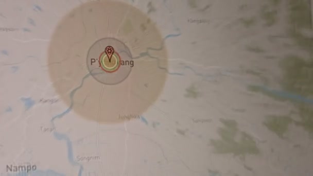 Simulation Einer Atombombenexplosion Über Pjöngjang Nordkorea Atomkrieg Und Bedrohungskonzept Karte — Stockvideo