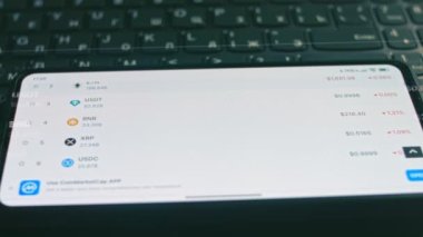 Yatırımcı cep telefonu ekranında Bitcoin, Ethereum ve diğer altsikke kripto para fiyat indeksini kontrol ediyor. Hologram etkisi