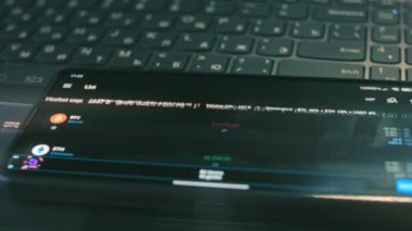 Kripto para ticareti şeması. Yatırımcı cep telefonu ekranında Bitcoin fiyat indeksi ve jeton ölçülerini kontrol ediyor. Hologram etkisi. Makro görünüm