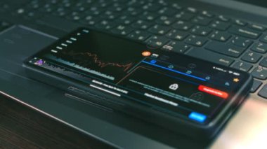 Kripto para ticareti şeması. Yatırımcı cep telefonu ekranında Bitcoin fiyat indeksi ve jeton ölçülerini kontrol ediyor. Hologram etkisi. Makro görünüm