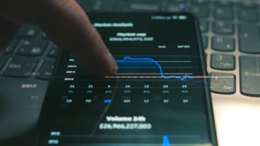 Kripto para ticareti şeması. Yatırımcı cep telefonu ekranında piyasa değeri ve piyasa hisselerini kontrol ediyor. Hologram etkisi. Makro görünüm