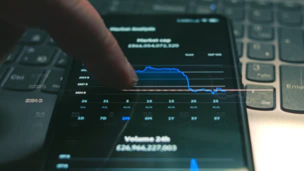 Kryptowaluta Wykresu Handlowego Inwestor Sprawdza Pułap Rynkowy Udziały Rynku Ekranie — Wideo stockowe