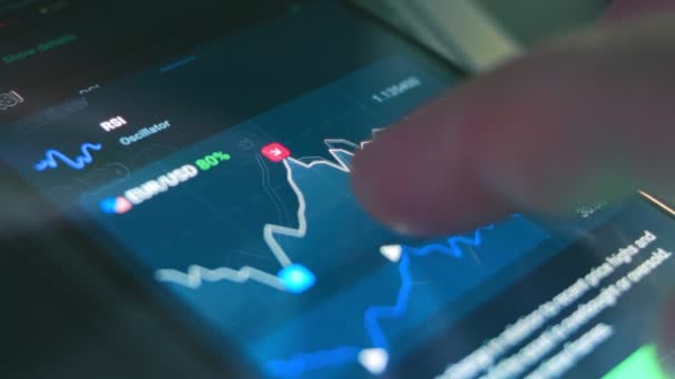 手机屏幕上动画图表的动态数据可视化 探索贸易 证券交易所和加密的世界 全息图效果 — 图库视频影像