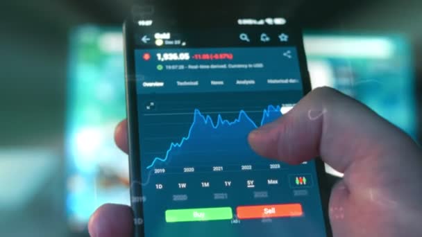 手机屏幕上的股市图表 黄金价格 股票市场汇率 投资于资产 全息图效果 宏观观点 — 图库视频影像