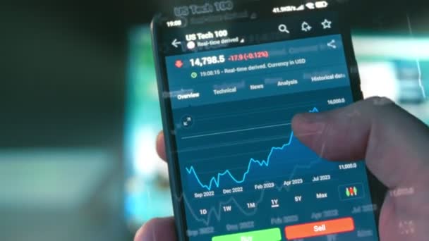 Aktieschema Mobiltelefonskärmen Investeringar Tillgångar Kurs Tech 100 Börskurs Hologramseffekt Makroutsikt — Stockvideo