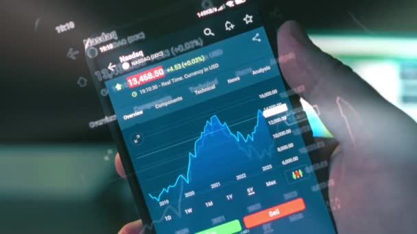 Aktieschema Mobiltelefonskärmen Investeringar Tillgångar Hologramseffekt Makroutsikt — Stockvideo