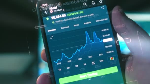 График Фондового Рынка Экране Мобильного Телефона Инвестировать Активы Эффект Голограммы — стоковое видео