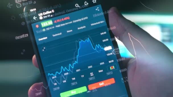 携帯電話の画面上の株式市場チャート 資産への投資 ホログラム効果 マクロビュー — ストック動画