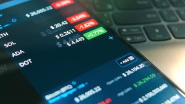 Kripto para ticareti şeması. Yatırımcı cep telefonu ekranında Bitcoin ve diğer Altcoin kripto para fiyat indeksini kontrol ediyor. Hologram etkisi
