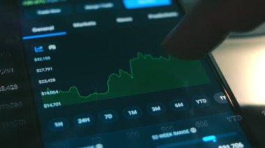 Kripto para ticareti şeması. Yatırımcı cep telefonu ekranında Bitcoin ve diğer Altcoin kripto para fiyat indeksini kontrol ediyor. Hologram etkisi