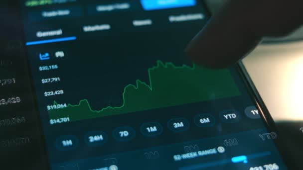 График Торговли Криптовалютами Инвестор Проверяет Bitcoin Другие Индексы Криптовалют Экране — стоковое видео