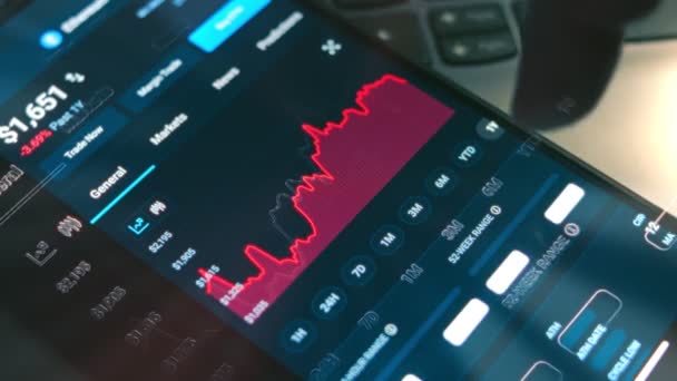 仮想通貨取引チャート 投資家は 携帯電話の画面上のビットコインやその他のアルトコイン暗号通貨の価格指数をチェックします ホログラム効果 — ストック動画