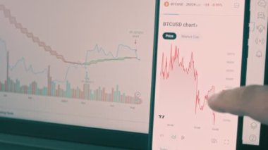 Kripto para ticareti şeması. Yatırımcı cep telefonu ekranı ve bilgisayar monitöründe Bitcoin ve diğer altpara kripto para fiyat indeksini kontrol ediyor. Hologram etkisi
