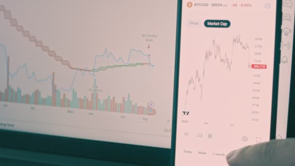 Grafik Perdagangan Cryptocurrency Investor Memeriksa Bitcoin Dan Indeks Harga Kriptocurrency — Stok Video
