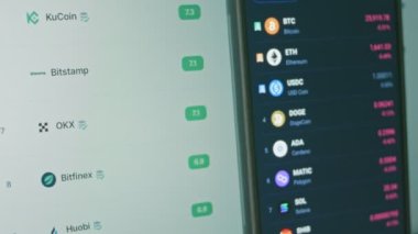 Akıllı telefon ve bilgisayar kullanarak yatırımcı finansal veri kripto borsasını analiz ediyor, online ticaret yapıyor. Kripto para birimi konsepti. Makro görünüm