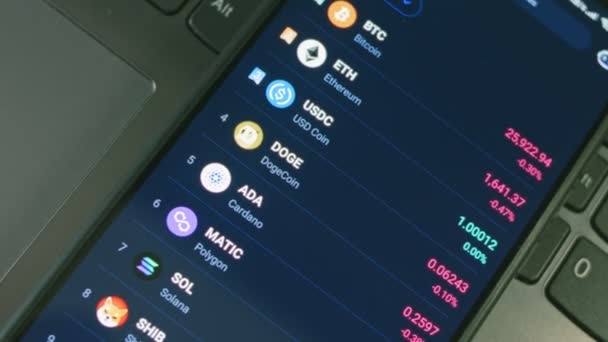 Investor Menggunakan Telepon Pintar Menganalisis Data Keuangan Crypto Pasar Saham — Stok Video