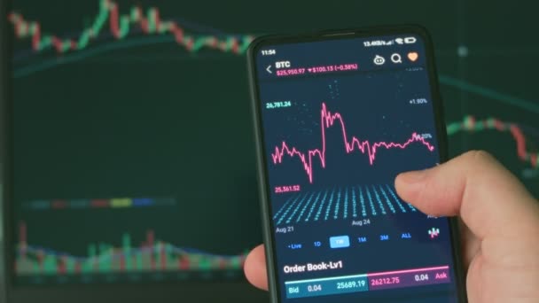 投资者使用智能手机和计算机分析财务数据加密股市 硬币价格 网上交易 加密货币概念 — 图库视频影像