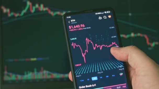 Investidor Usando Telefone Inteligente Computador Analisando Dados Financeiros Crypto Mercado — Vídeo de Stock