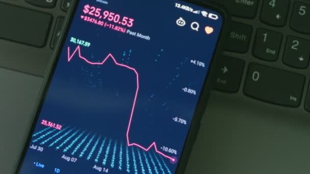 Инвестор Использующий Смартфон Анализирующий Финансовые Данные Крипто Фондового Рынка Цену — стоковое видео