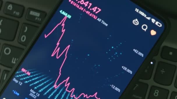 Investor Bruker Smarttelefonen Til Analysere Finansielle Data Krypto Aksjemarkedet Mynt – stockvideo