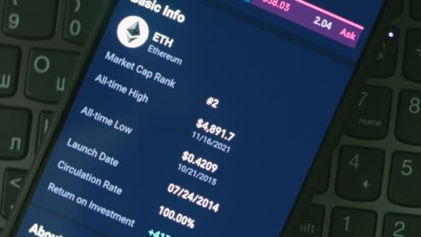 Investor Menggunakan Telepon Pintar Menganalisis Data Keuangan Crypto Pasar Saham — Stok Video