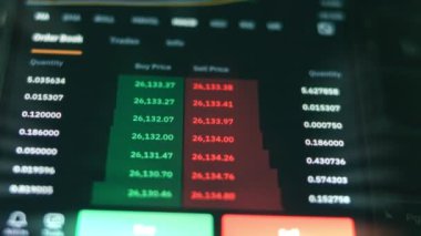 Akıllı telefon kullanan yatırımcı finansal veri kripto borsasını, bozuk para fiyatını analiz ediyor. Çevrimiçi ticaret. Kripto para birimi konsepti. Makro görünüm