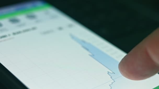 Investor Ved Hjælp Smartphone Analysere Finansielle Data Krypto Aktiemarked Mønt – Stock-video