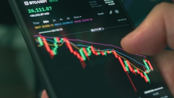 Investeerder Met Behulp Van Smart Phone Analyseren Van Financiële Gegevens — Stockvideo