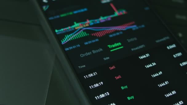 Kryptodaten Auf Dem Bildschirm Eines Mobiltelefons Kryptowährungskonzept Marktpreise Die Finanzindizes — Stockvideo