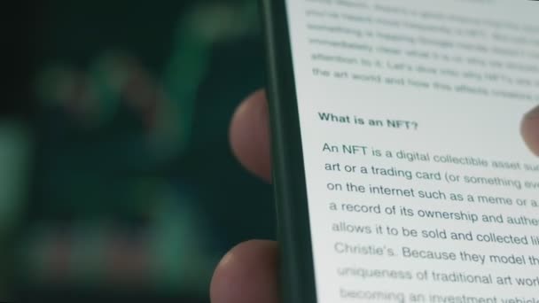 Informacje Nft Ekranie Telefonu Komórkowego Niezamienny Token Nft Unikalny Atut — Wideo stockowe