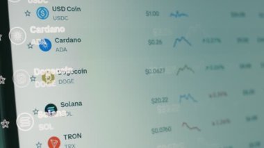 Bilgisayar ekranındaki şifreli veriler. Kripto para birimi konsepti. Piyasa fiyatlandırması. Bitcoin 'in finansal endeksleri ve alternatif madeni paralar zaman borsasının duvarında aşağı yukarı değişiyor. Hologram etkisi, makro