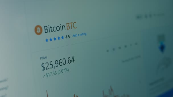 Dane Kryptograficzne Ekranie Komputera Koncepcja Kryptowaluty Cena Bitcoina Indeksy Finansowe — Wideo stockowe