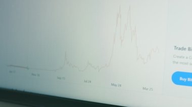 Bilgisayar ekranındaki şifreli veriler. Kripto para birimi konsepti. Bitcoin fiyatları en başından beri. Bitcoin 'in finansal endeksleri zaman borsası duvarında aşağı yukarı değişiyor. Hologram etkisi, makro