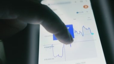 Cep telefonu ekranındaki şifreli veriler. Kripto para birimi konsepti. Piyasa fiyatlandırması. Bitcoin 'in finansal endeksleri zaman içinde borsa duvarında aşağı yukarı değişiyor. Hologram etkisi
