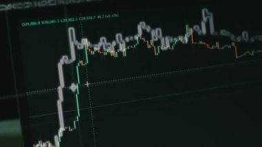 Bilgisayar ekranında şifreli veriler. Kripto para birimi konsepti. Piyasa fiyatlandırması. Bitcoin 'in finansal endeksleri zaman içinde borsa duvarında aşağı yukarı değişiyor. Hologram etkisi