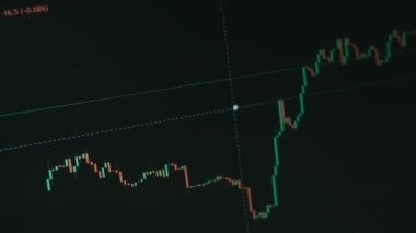 Bilgisayar ekranında şifreli veriler. Kripto para birimi konsepti. Piyasa fiyatlandırması. Bitcoin 'in finansal endeksleri zaman içinde borsa duvarında aşağı yukarı değişiyor. Hologram etkisi