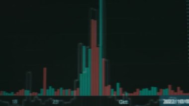 Bilgisayar ekranında şifreli veriler. Kripto para birimi konsepti. Şamdanlarda piyasa fiyatları. Bitcoin 'in finansal endeksleri zaman içinde borsa duvarında aşağı yukarı değişiyor. Hologram etkisi