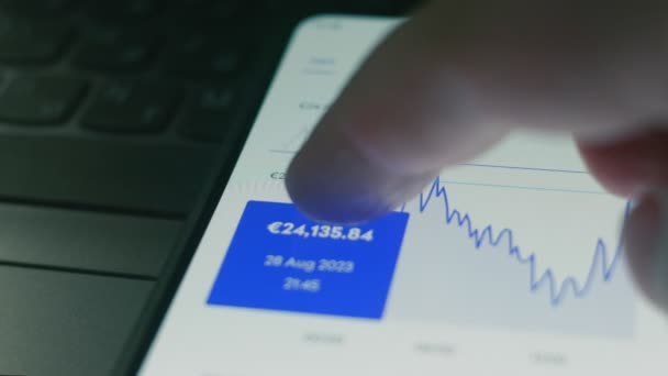 Kryptodaten Auf Dem Bildschirm Eines Mobiltelefons Kryptowährungskonzept Marktpreise Finanzindizes Von — Stockvideo