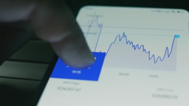 手机屏幕上的密码数据 加密货币概念 市场定价 比特币的财务指标随着时间的推移在市场墙上上下变化 全息图效果 — 图库视频影像