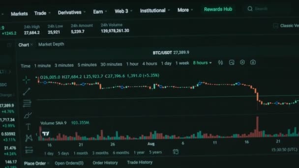 Kryptodata Datorskärmen Kryptovaluta Koncept Marknadspriser Finansiella Index För Bitcoin Förändras — Stockvideo