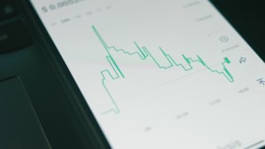 Cep telefonu ekranındaki şifreli veriler. Kripto para birimi konsepti. Piyasa fiyatlandırması. Bitcoin 'in finansal endeksleri ve alternatif madeni paralar zaman içinde pazar duvarında aşağı yukarı değişiyor. Hologram etkisi