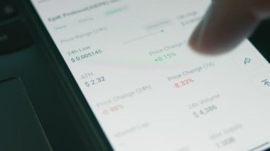 Bilgisayar ve cep telefonu ekranındaki şifreli veriler. Kripto para birimi konsepti. Piyasa fiyatlandırması. Bitcoin 'in finansal endeksleri ve alternatif madeni paralar zaman içinde pazar duvarında aşağı yukarı değişiyor. Hologram etkisi