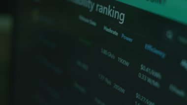 Bilgisayar ekranında asik hashrate verileri var. Bitcoin GPU Madencilik. Madencilik paraları. Hologram etkisi. Makro