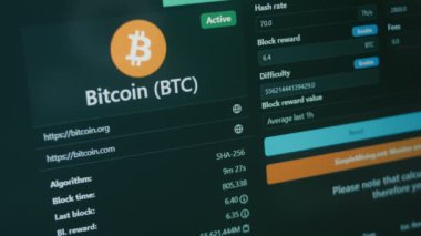 Cripto, bilgisayar ekranında kar hesabı makinesi çıkarıyor. Bitcoin GPU Madencilik. Madencilik paraları. Hologram etkisi, Macro