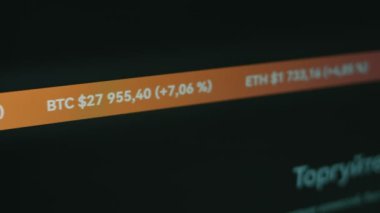 Kripto para birimi etiketi bicoin ve alternatif paraların fiyatını gösteriyor ve fiyatta artış ya da düşüş gösteriyor. Bilgisayar ekranı. Hologram etkisi