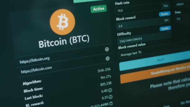 Cripto Monedas Minería Calculadora Beneficios Pantalla Del Ordenador Bitcoin Gpu — Vídeo de stock