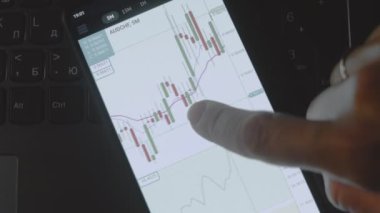Tüccar yatırımcı analisti cep telefonu uygulaması kullanıyor. Finansal borsa analizleri. Yatırımcı histogram ticaret verilerini analiz ediyor. Makro görünüm